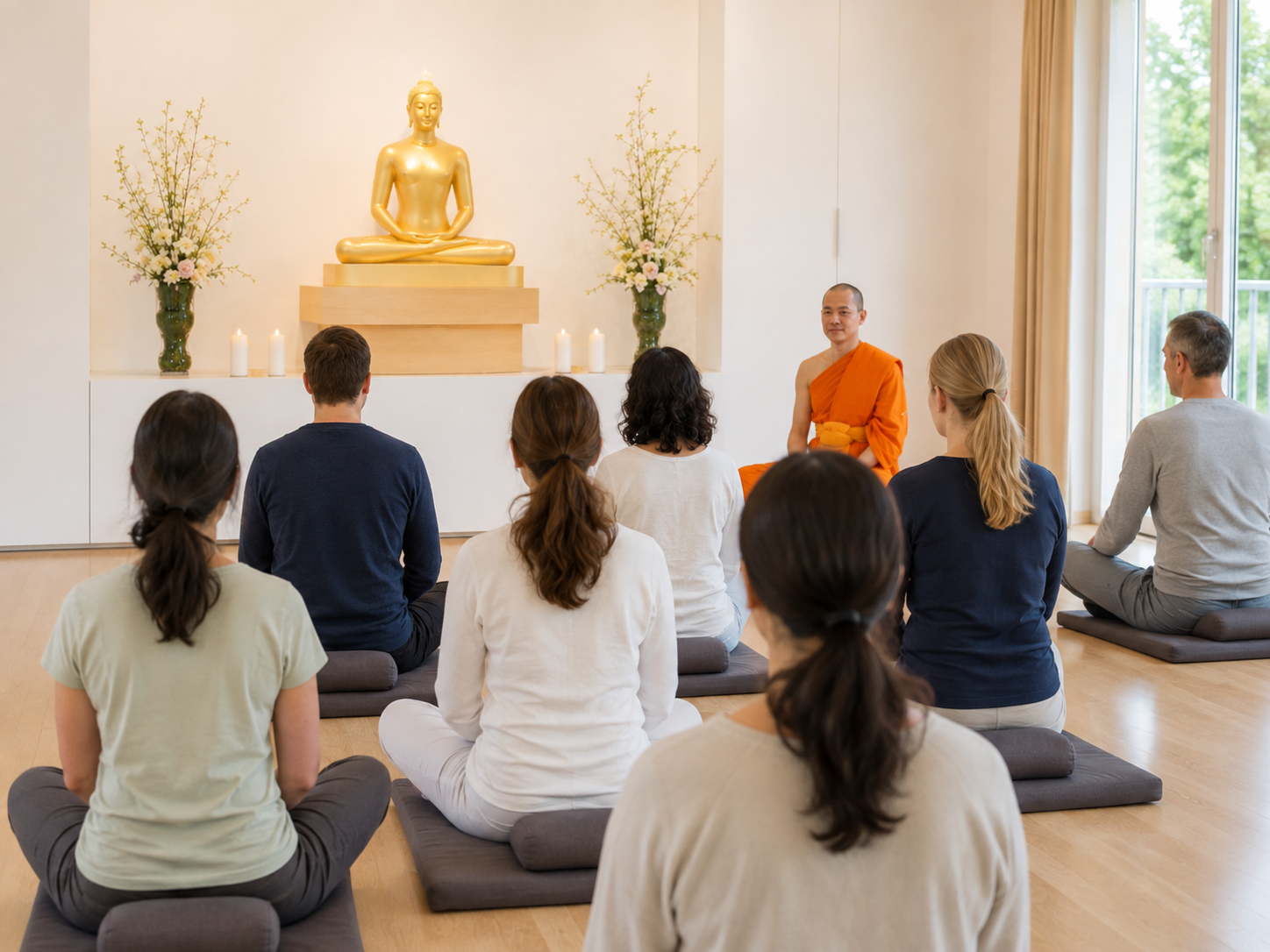 Meditationstag mit einem Dhammakaya-Mönch und Teilnehmenden