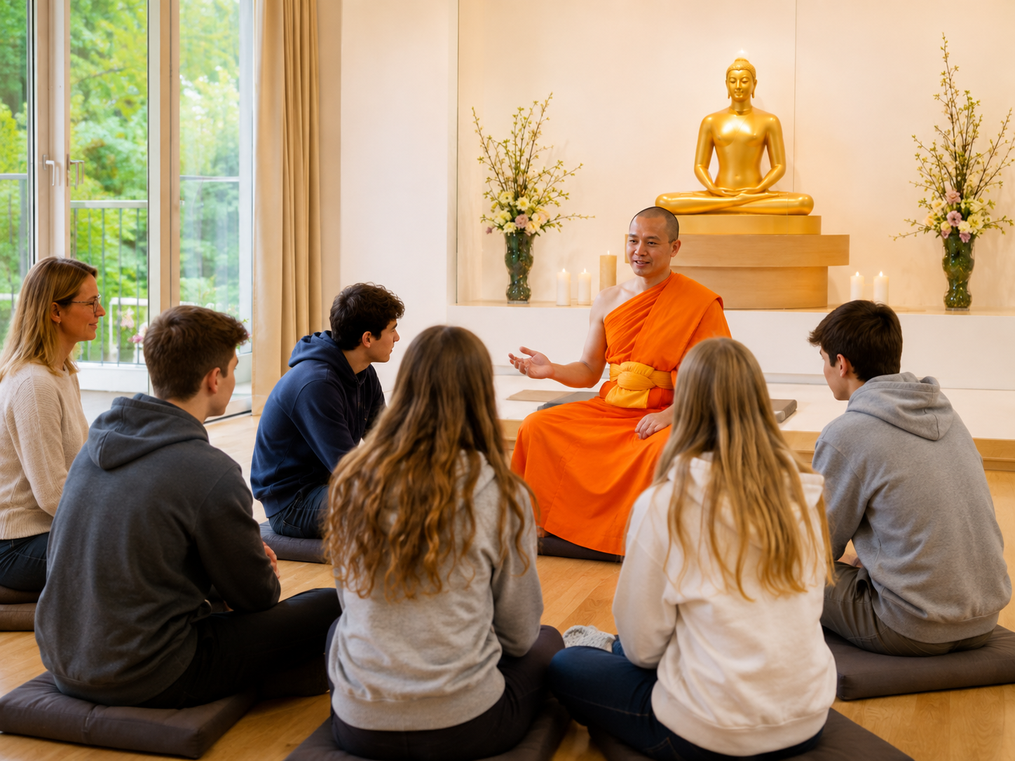 Dhammakaya-Mönch im Gespräch mit einer Schulklasse