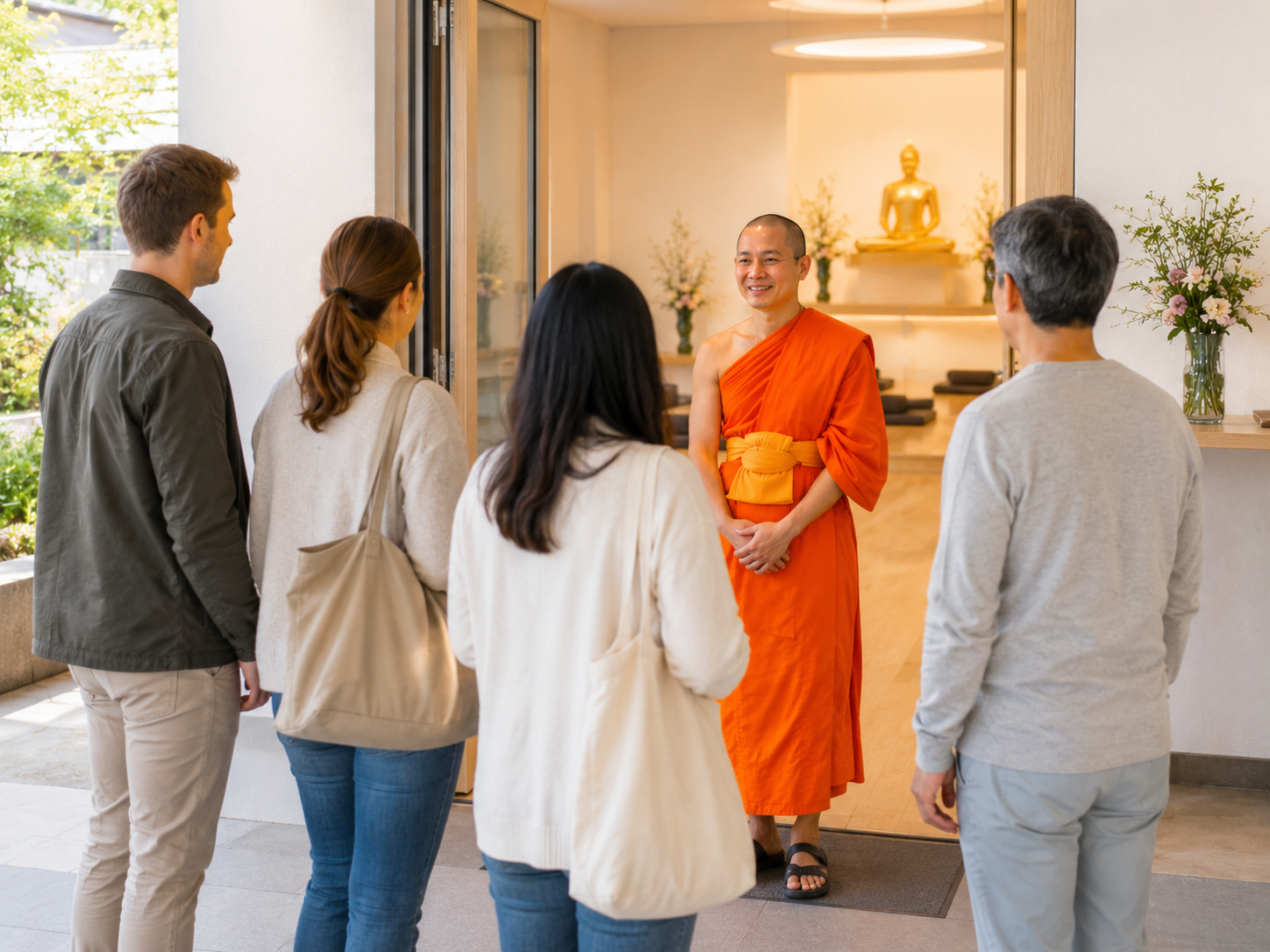 Dhammakaya-Mönch begrüßt Besucherinnen und Besucher im Tempel
