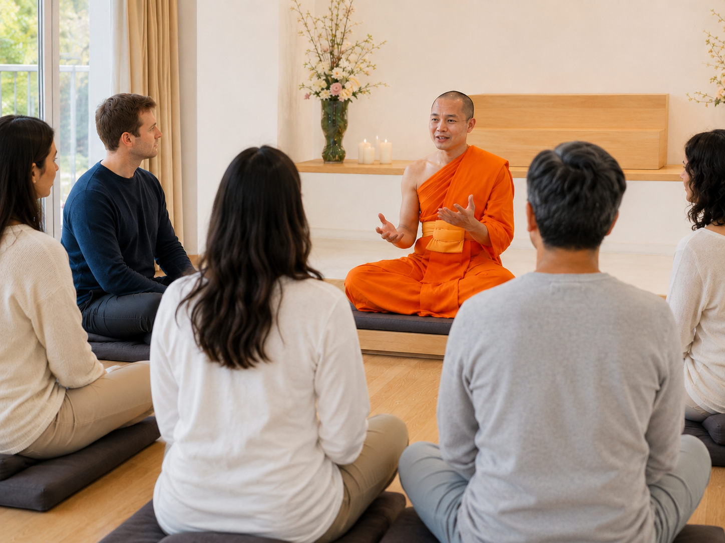 Dhammakaya-Mönch bei einem Vortrag und offenen Gespräch