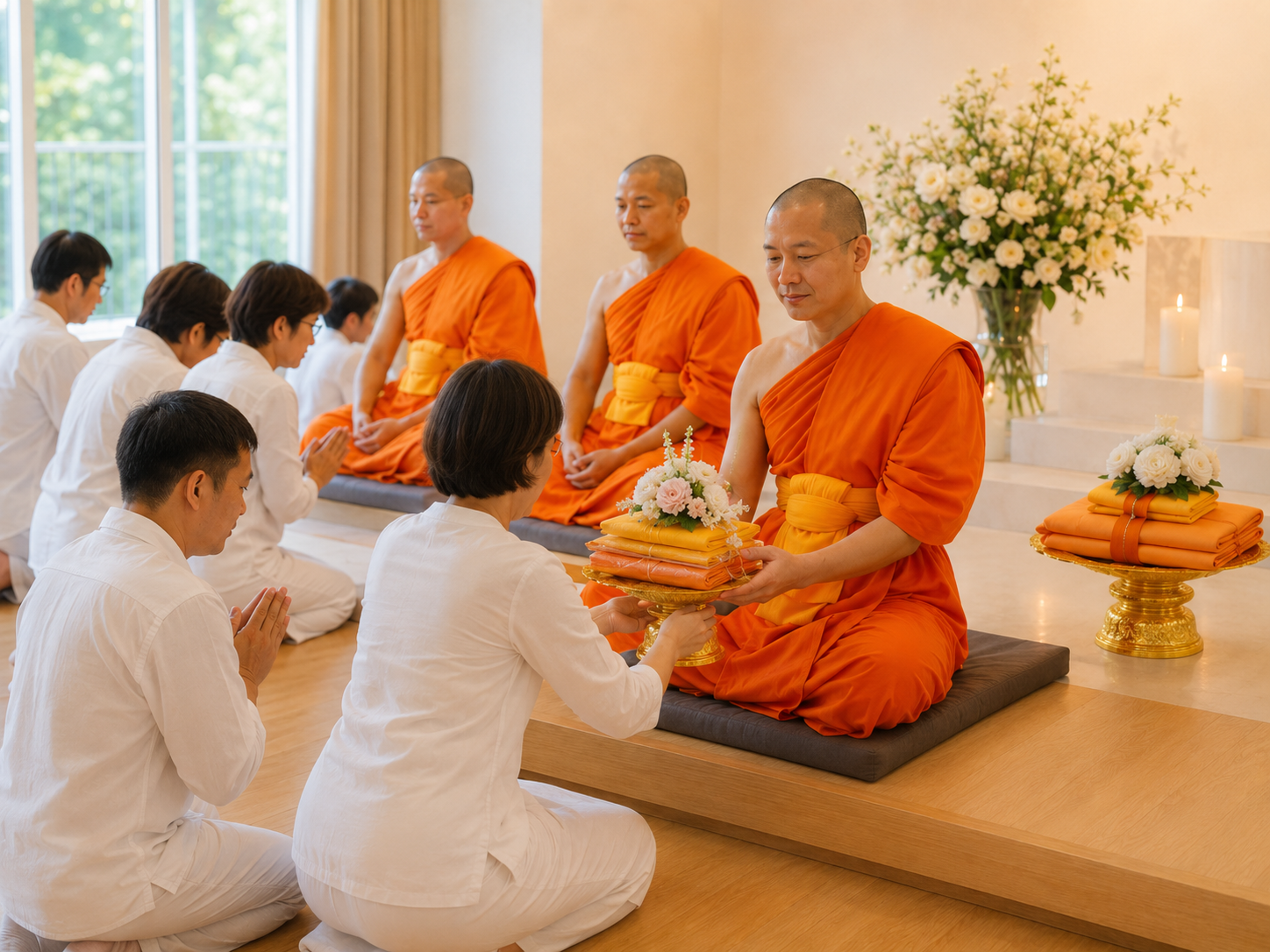 Buddhistische Zeremonie mit Dhammakaya-Mönchen und Gästen